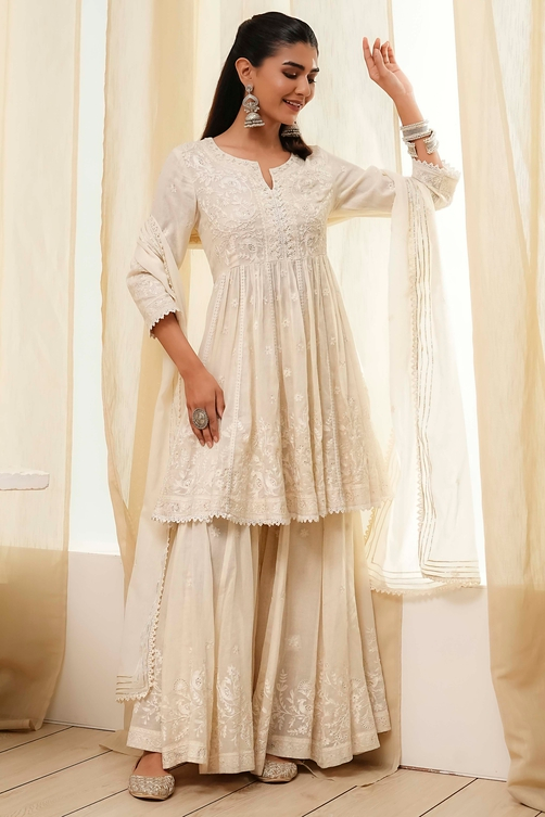 Off White Cotton Embroidered Flared Suit Set